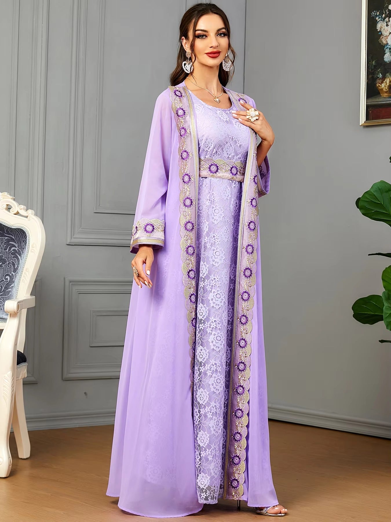 Marokkaner 2 -teiliges Abaya -Set Jilbabs für Frau Chic Purple Chiffon Spitzenklebeband