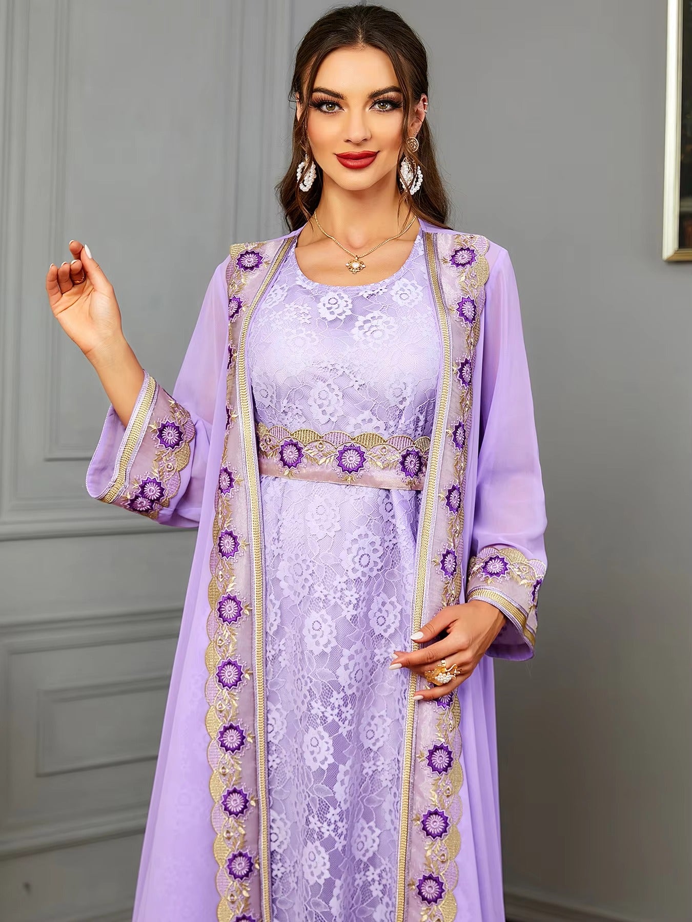 Moroccan 2 Piece Abaya Set Jilbabs For Woman Chic Purple Chiffon Lace Tape Belted Arabic Gown Ramadan Musulmane Caftan