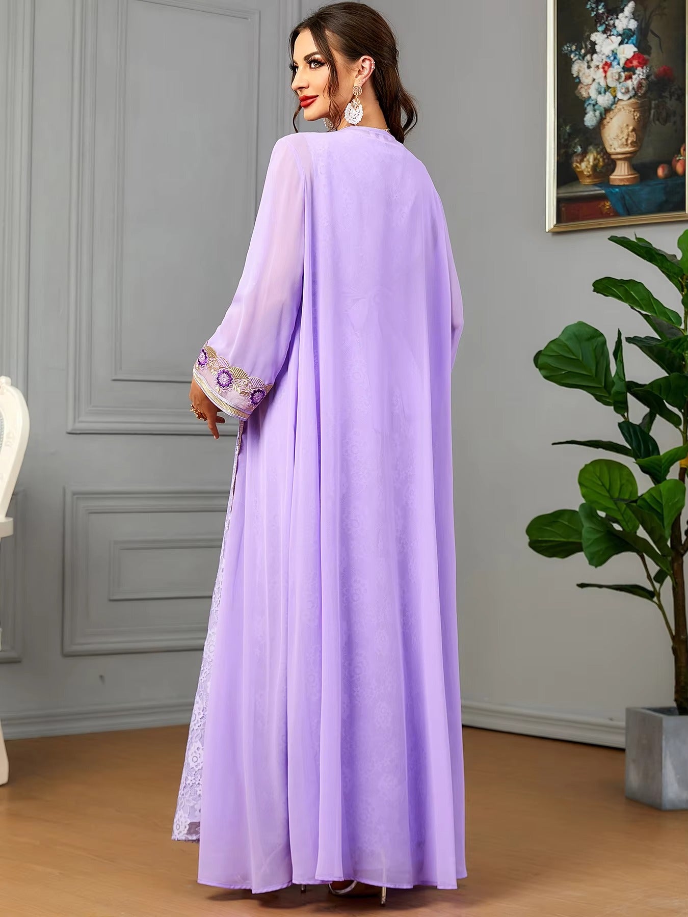 Marokkaans 2 -delige Abaya set jilbabs voor vrouw chique paarse chiffon kanten tape gordel Arabische jurk ramadan Musulmane Caftan