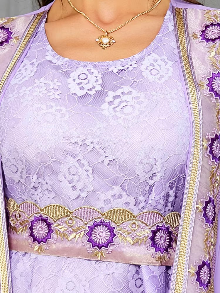 Marocain 2 pièces Abaya ensemble Jilbabs pour femme Chic violet mousseline de soie dentelle bande ceinturée robe arabe Ramadan Musulmane Caftan