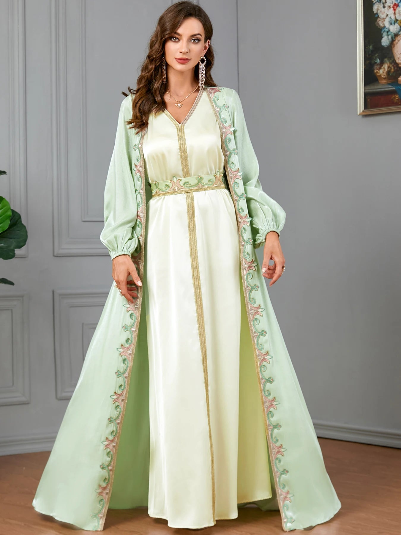 Satin 2 Piece Abaya Set Jilbabs For Woman Dubai Solid Tape Trim Lantern Sleeve V-Neck Elegant Sashes Muslim Long Dress