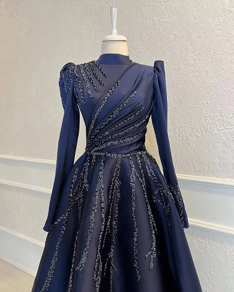 Navy Satin Beaded Long Sleeve Muslim Evening Dresses Moroccan Caftan High Neck Formal Party Ball Gowns Robe De Soiree