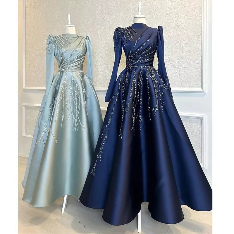 Vestidos De Noche musulmanes De manga larga De satén azul marino caftán marroquí De cuello alto vestidos De fiesta formales bata De velada