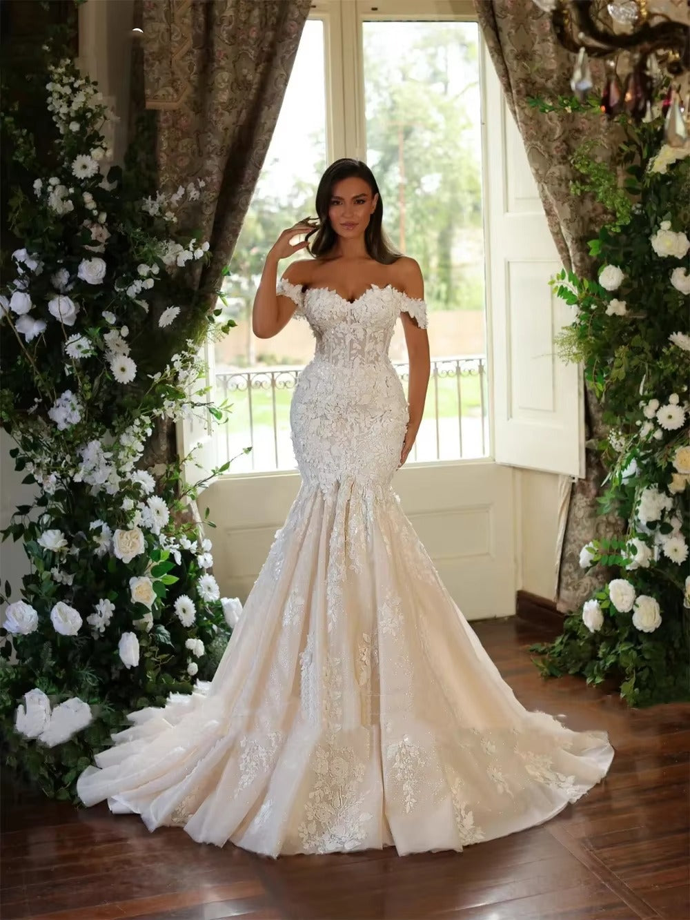 Haohao-Vestidos De novia sexys De sirena, Vestido De novia con hombros descubiertos, apliques bordados, Vestido De Novia