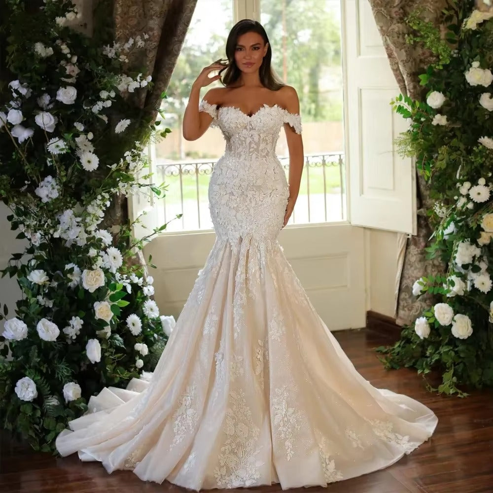 Haohao sirène robes De mariée Sexy chérie hors De l'épaule robe De Novias broderie Appliques gaine robe De mariée