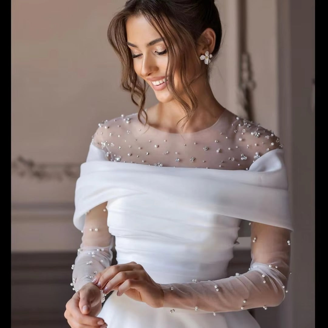 Vestidos De novia elegantes De línea A ilusión cuello redondo mangas largas perlas detalle De cuentas vestidos De novia De diseñador personalizados De Mariee