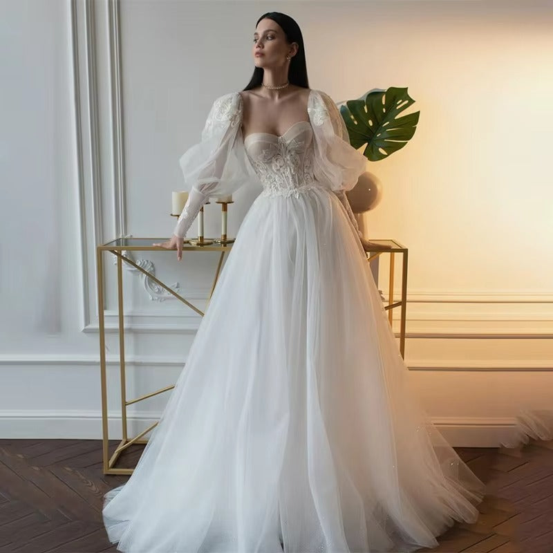 Robe De mariée trapèze Sexy, col en cœur, manches longues bouffantes, Robe De mariée Sexy, dos nu, avec des Appliques 