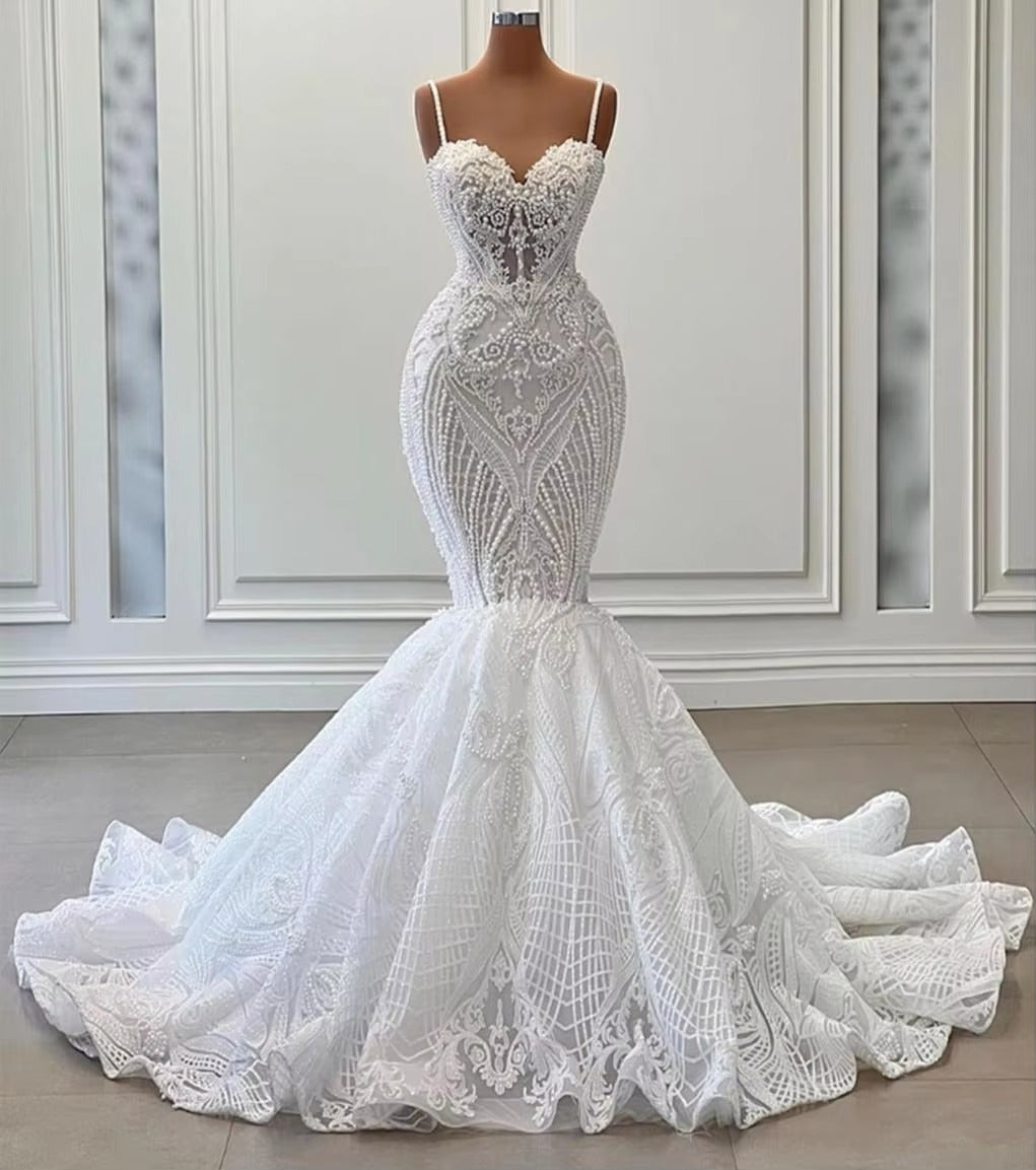 Abiti da sposa sirena di lussuoso pizzo spaghetti cinghie sweetheart abiti da sposa scintilla