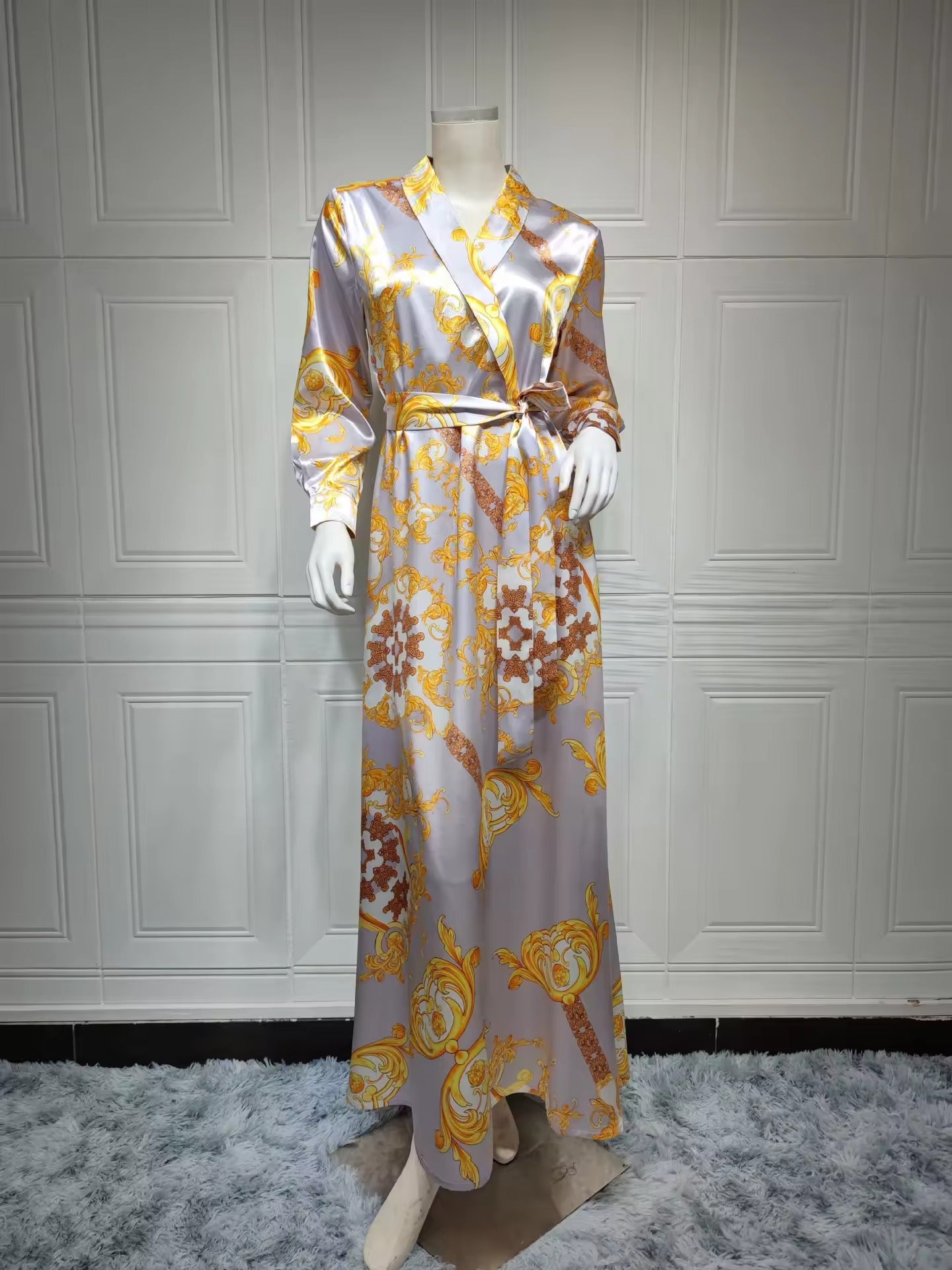 Robe de soirée pour femmes musulmanes, mode décontractée, ceintures imprimées, col en v, manches longues, Chic ethnique Abaya, vêtements longs de dubaï