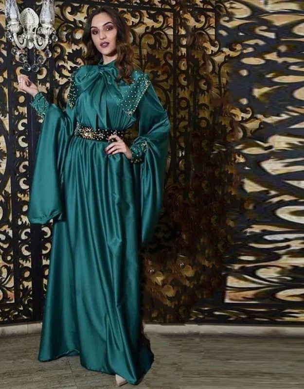 Marokkaanse kaftan avondjurken Arabische hoge nek kralen parels met lange mouwen satijnen moslim prom jurk feestvestido de festa