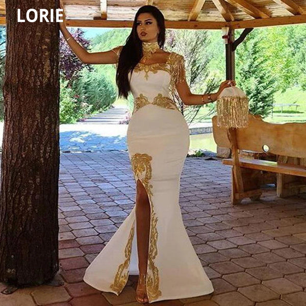 Elegant Moroccan Caftan Evening Dress Mermaid Dubai Gold Lace Appliques Formal Prom Party Celebrity Kaftan Gowns