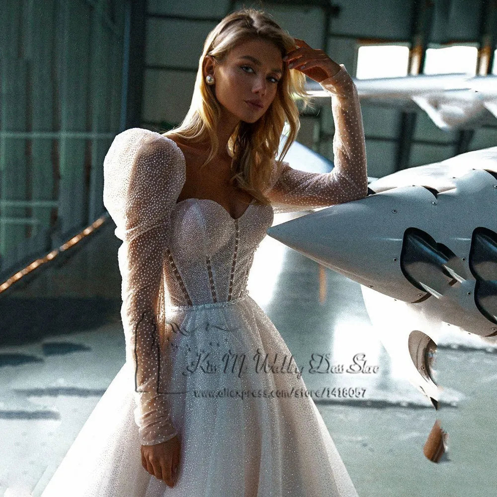 Glitter Sparky Princess Wedding Dresses Long Sleeve Vestidos de Noiva Vintage Custom Made Bride Wedding Gowns