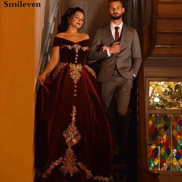 Caftan Karakou Algerien Formal Evening Dresses Off The Shoulder Velvet Gold Lace Peplum Occasion Evening Gown