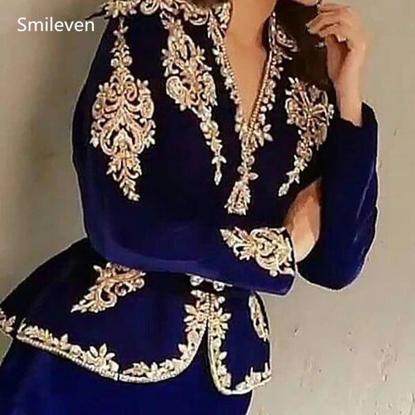 Royal Blue Karakou Algerian Caftan Evening Dresses Velvet Long Sleeve 3 Peices Detachable Belt Dubai Prom Party Gowns