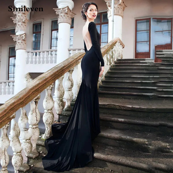 Sexy Black Mermaid Evening Dresses Long Sleeve Open Back Formal Party Gowns Spandex Caftan Arabic Prom Gowns Plus Size