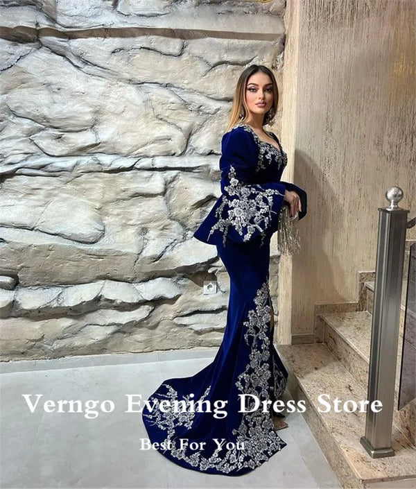 Dubai Kaftan Velvet Royal Blue Evening Dresses Mermaid Long Sleeves Applique Side Slit Arabic Women Formal Prom Dress