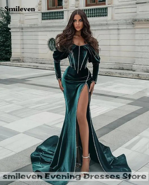 Green Velvet Long Sleeve Mermaid Morocco Caftan Evening Dress Side Split Outfit Prom Dresses With Detachable Train