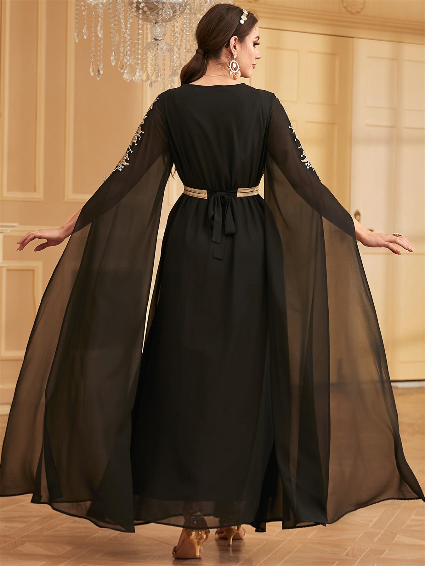 Moda de Dubái elegante, vestidos largos negros de manga súper larga, apliques de lentejuelas con cinturón, Abayas árabes saudíes para fiesta