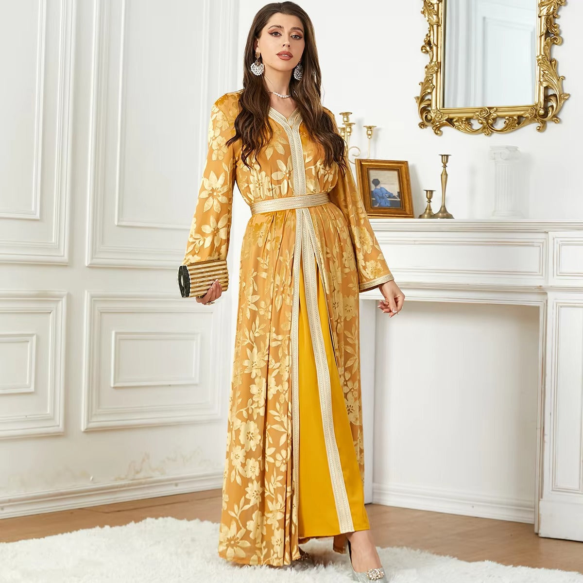 Fashion Autumn Winter Printing Velvet Evening Party Set With Sashes Jalabiyat Dubai Marroquino Manga Longa Vestido de decote V