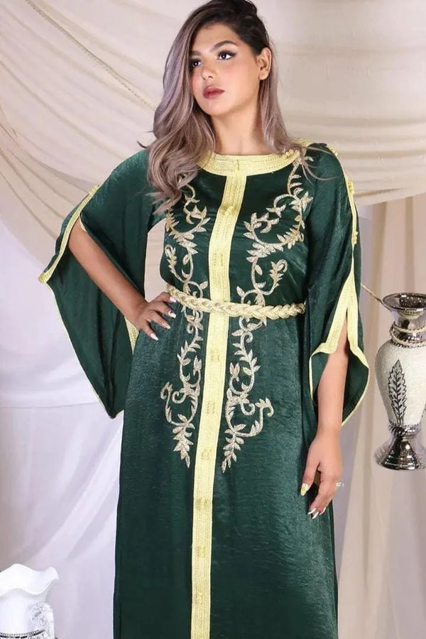 Emerald Green Kaftan Dress Adorned with Gold Lace Beads Flare Sleeves Moroccan Kaftan Evening Dresses Formal Floor Length