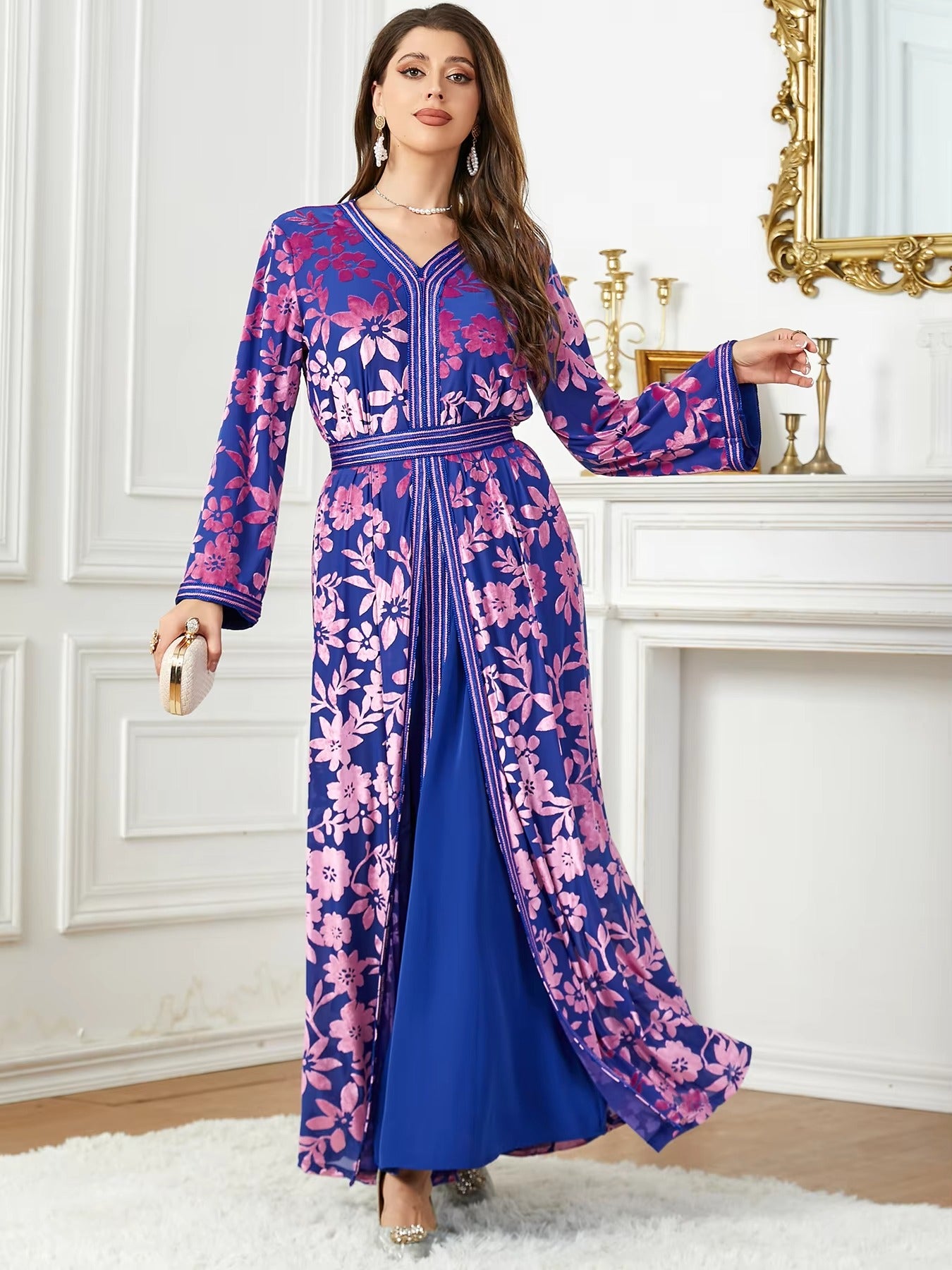 Fashion Autumn Winter Printing Velvet Evening Party Set With Sashes Jalabiyat Dubai Moroccan Long Sleeve V-Neck Gown