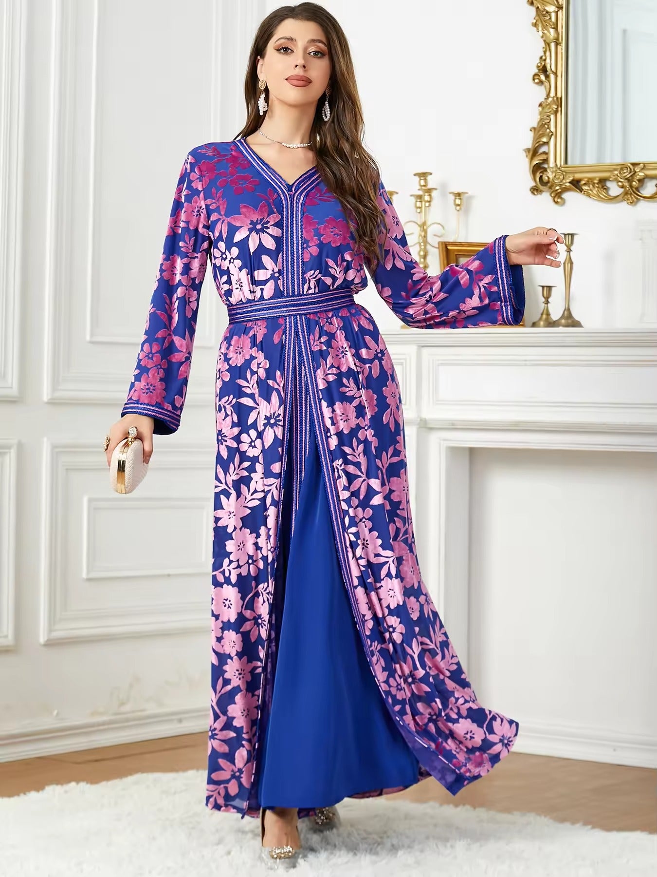 Fashion Autumn Winter Printing Velvet Evening Party Set With Sashes Jalabiyat Dubai Marroquino Manga Longa Vestido de decote V