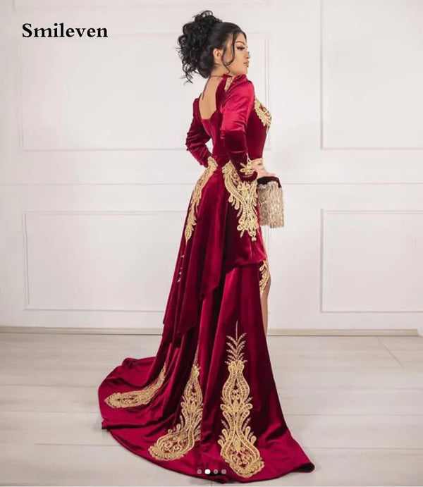 Velvet Long Sleeve Caftan Evening Dresses With Detachable Train Mermaid Prom Dress Evening Lace Formal Party Dress