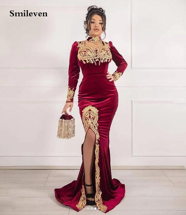Velvet Long Sleeve Caftan Evening Dresses With Detachable Train Mermaid Prom Dress Evening Lace Formal Party Dress