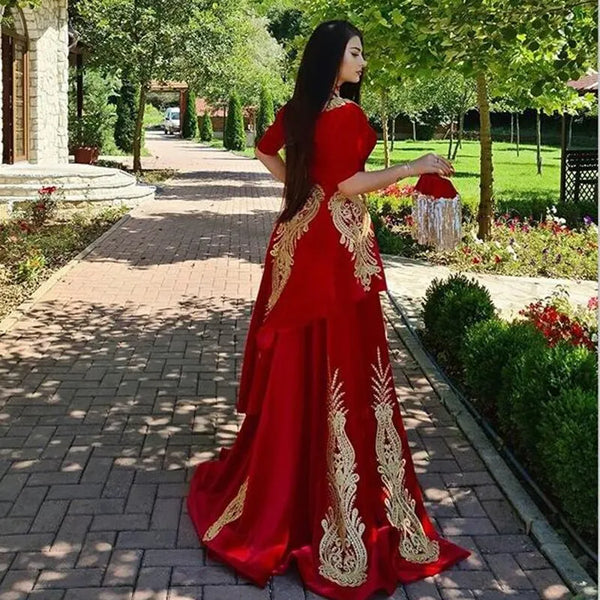 Red Moroccan Kaftan Evening Dress Mermaid Formal Dubai Lace Appliques Prom Celebrity Gowns with Remove Skirt High Split