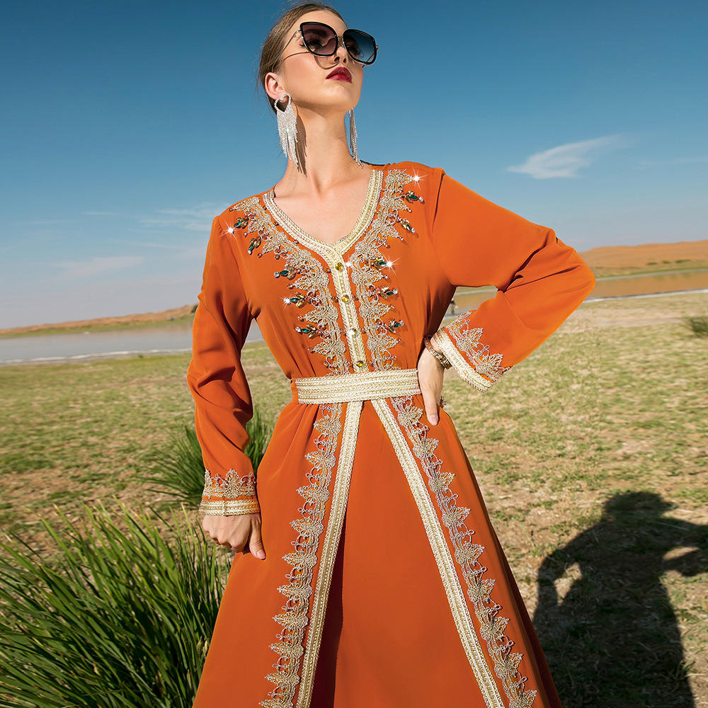 Vestidos de moda árabe cosidos a mano con diamantes, cinta de encaje con cinturón, Abaya, ropa africana, caftán elegante étnico de manga larga con cuello en V