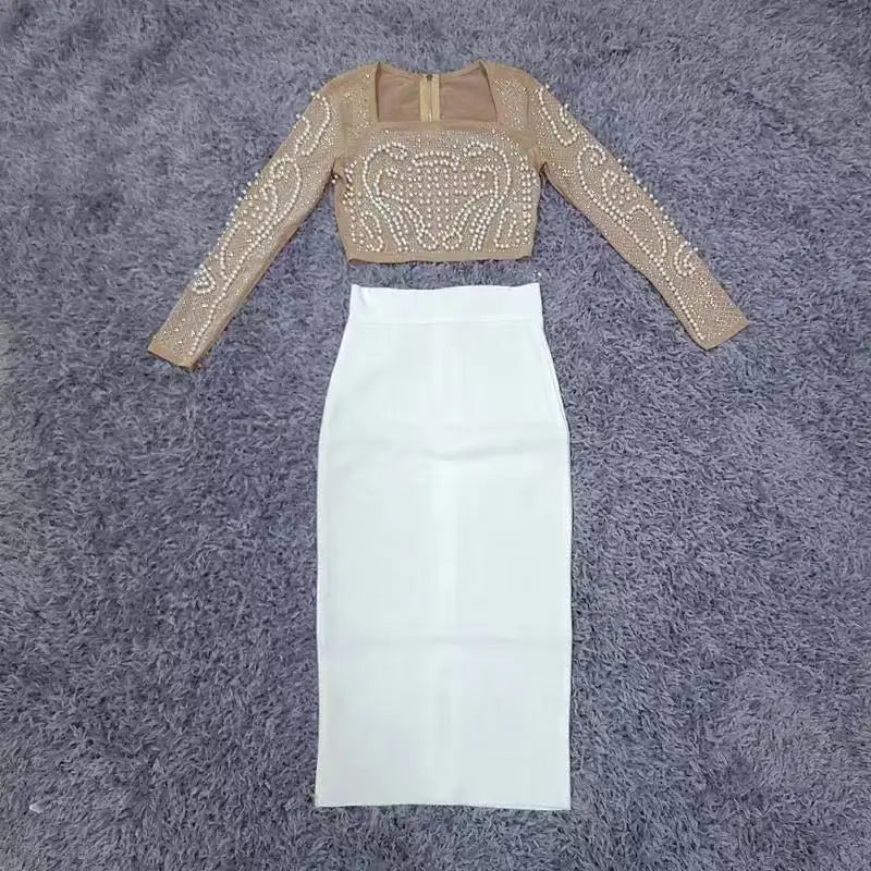 Women Autumn Sexy Diamonds Beading Mesh Crystal Long Sleeve Two Pieces Rayon Bandage Sets Ladies White Designer High Street Sets