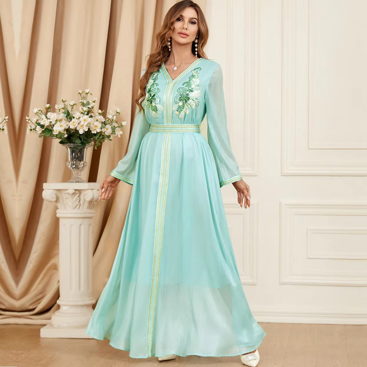 Robe islamique africaine dubaï pour femmes, tenue de soirée Chic à paillettes, manches longues, col en v, ceinture, Jalabiya, marocaine Abaya