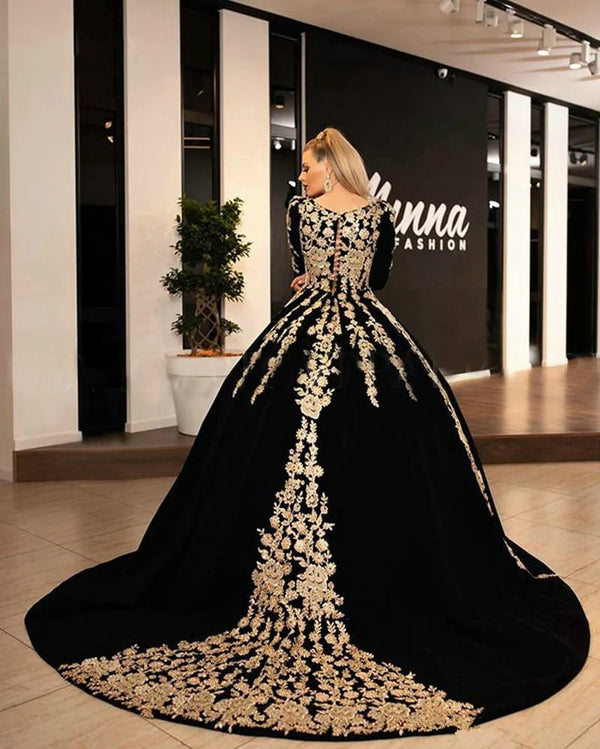 Black Velvet Formal Evening Dresses Plus Size V-neck Half Sleeve Sparkly Gold Lace Applique Kaftan Caftan Arabic Prom Gowns