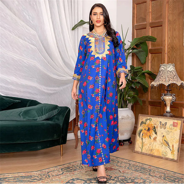 Moroccan Muslim Abaya Floral Print Women Long Maxi Dress Turkey Arab Dubai Eid Party Femme Ramadan Kaftan Jalabiya Vestidos Gown