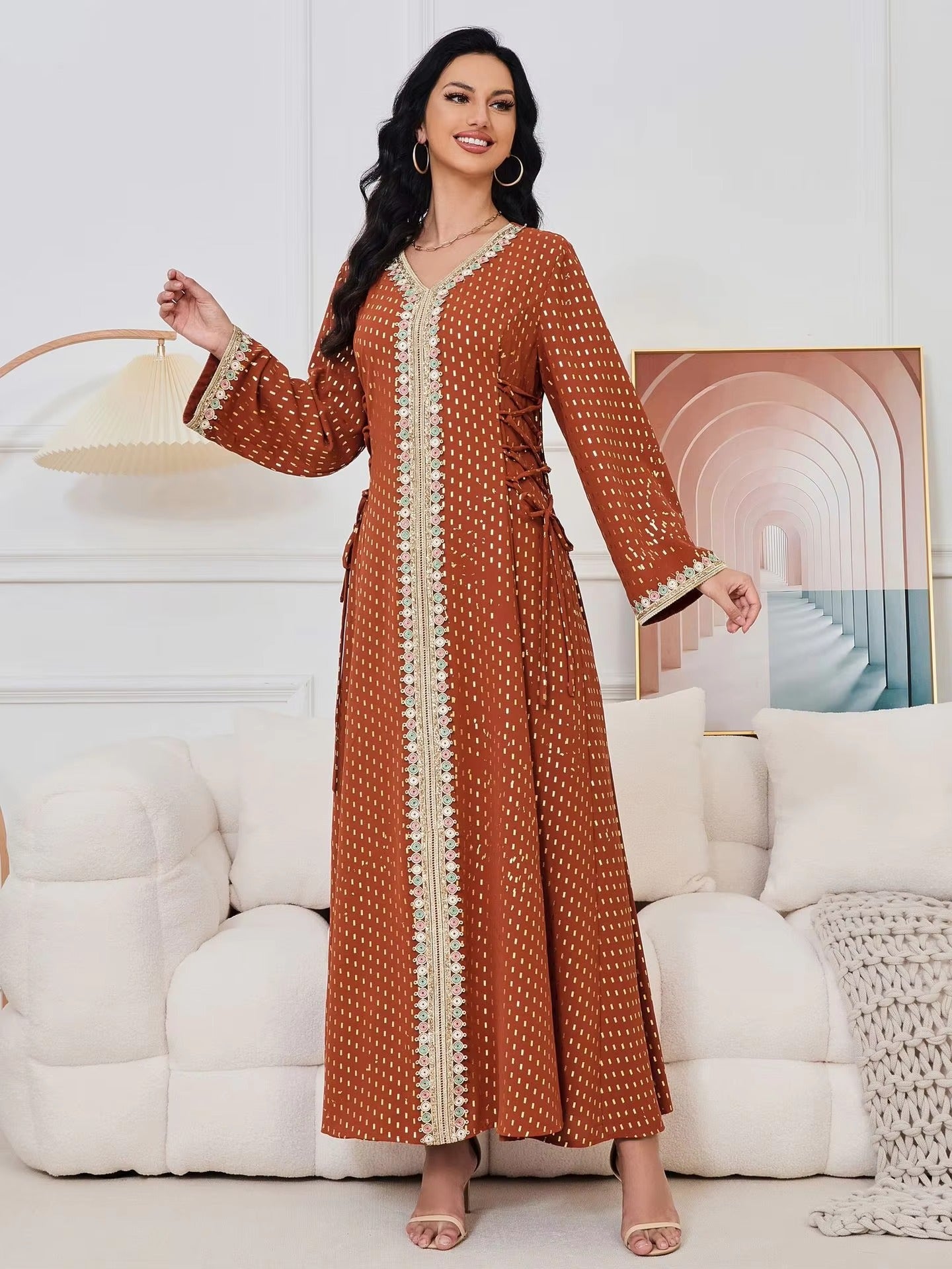 Fashion Gold Stamping Belted Abaya Dubai Islamic Clothing Tape Trim Long Sleeve V-Neck Elegant Women Dress Arab Caftan