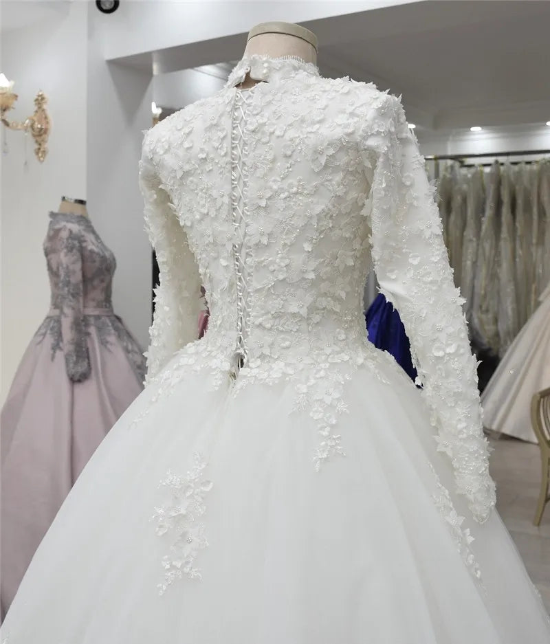 Vestido De Noiva Muslim Wedding Dresses Dubai High Neck Lace 3D Flowers Pearls Long Sleeves Bridal Dress Robe de Mariage