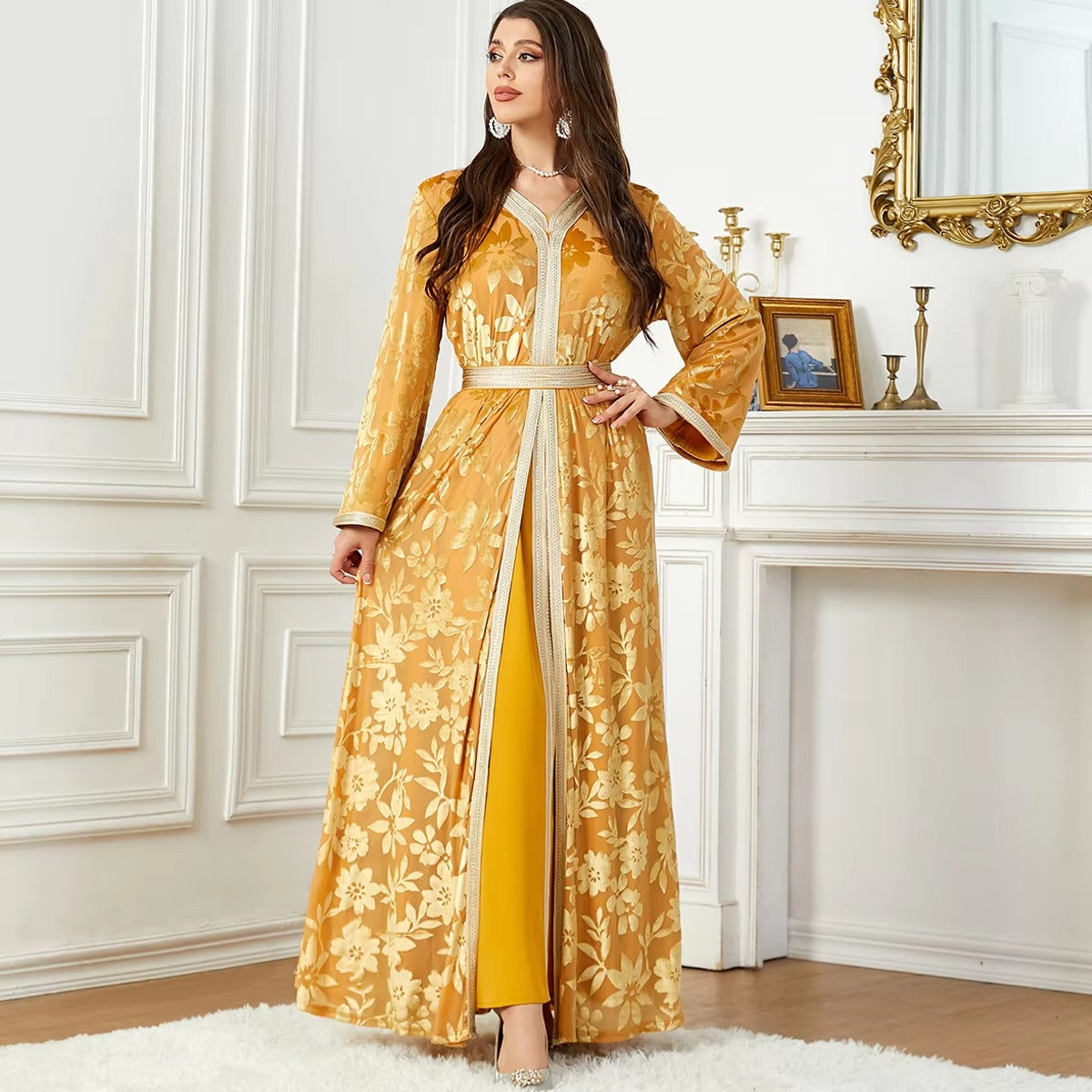 Fashion Autumn Winter Printing Velvet Evening Party Set With Sashes Jalabiyat Dubai Moroccan Long Sleeve V-Neck Gown