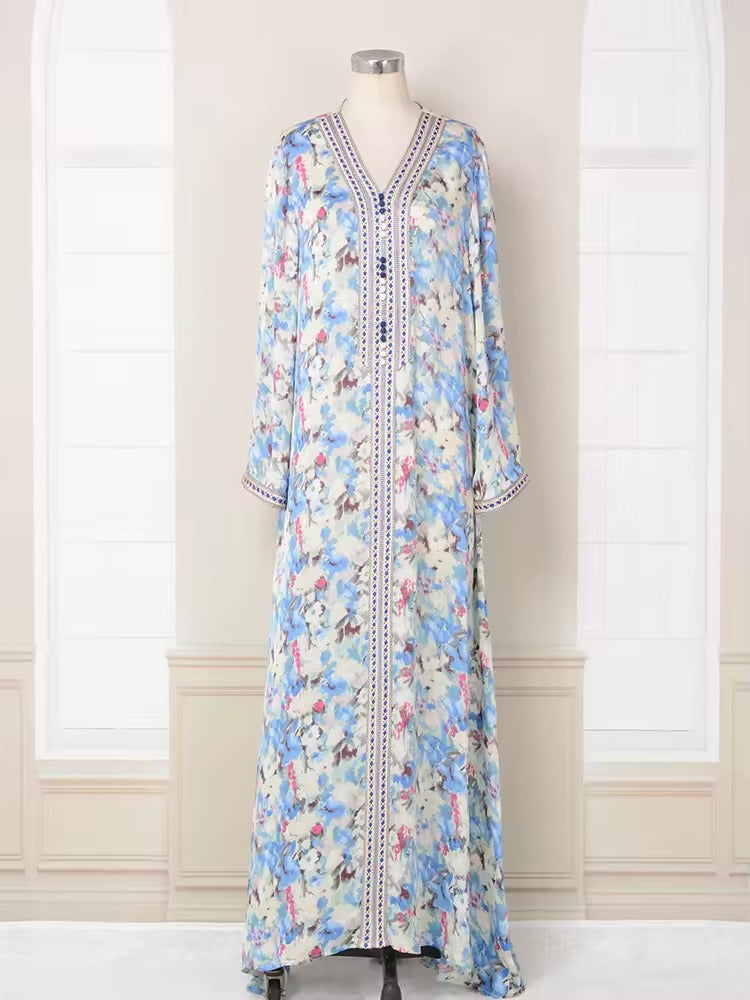 Abaya Turkse vrouwelijke chique printing volle mouw v-neck riem kleding casual lange jurk voor vrouwen Saoedi-Arabië