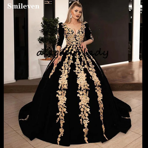 Caftan karakou algerien Formal Evening Dress Ball Gowns 3/4 Sleeve Velvet Appliques Peplum Occasion Evening Prom Gown