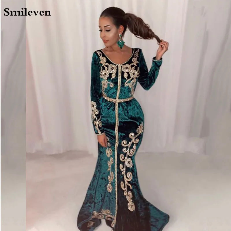 Caftan Hunter Green Mermaid Prom Dress Sexy V Neck Velvet Long Sleeve Gold Lace Evening Gowns Formal Party Dress