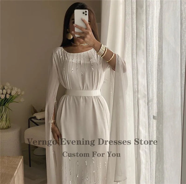 Ivory Dubai Kaftan Straight Evening Dresses Long Cape Sequin Scoop Sash Chiffon Prom Formal Dress Ankle Length Outfit
