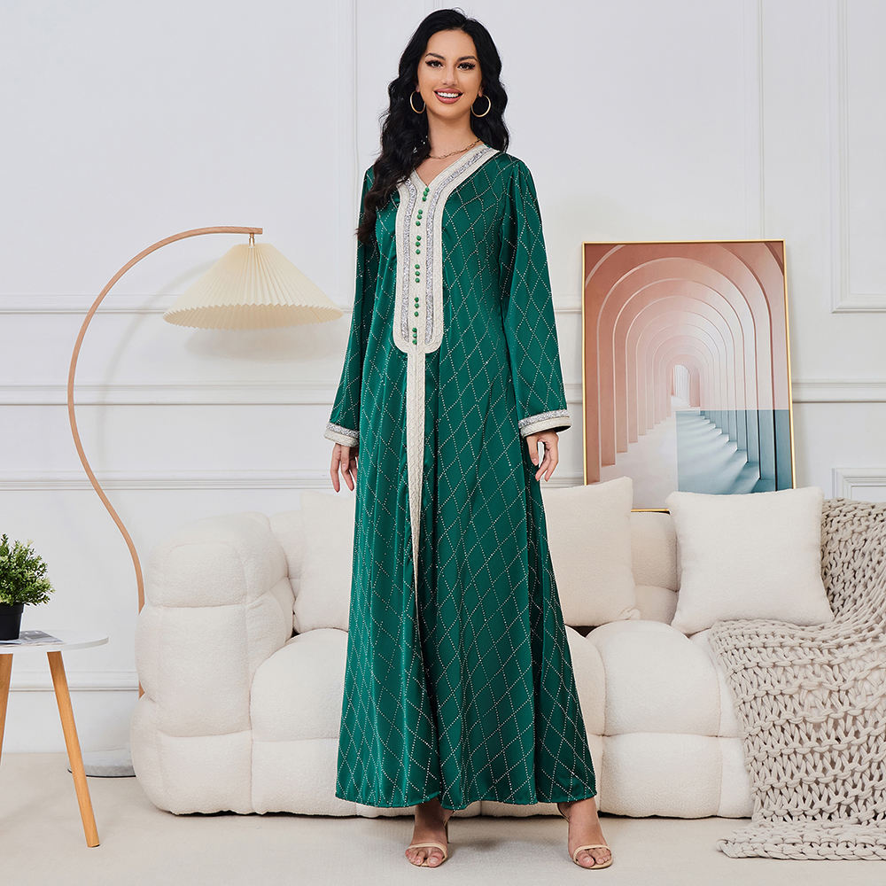 Arabische vrouwen kleding Diamanten Casual losse lange mouw V-hals Abaya Jalabiyat Marokkaans Afrikaans avondfeestje Caftan