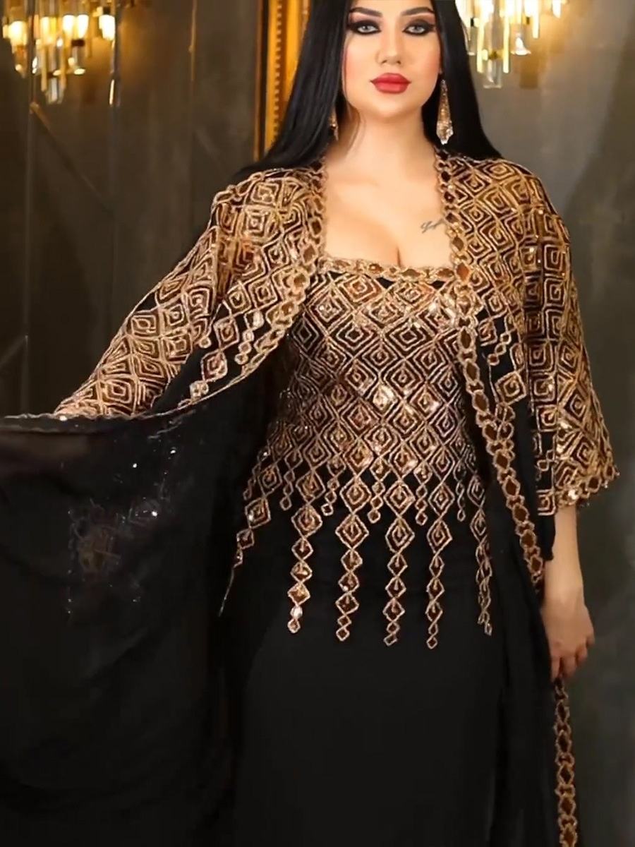 Musulman Eid al-adha mode deux pièces broderie brillante femmes Abayas et gilet robe longue survêtements vêtements arabes