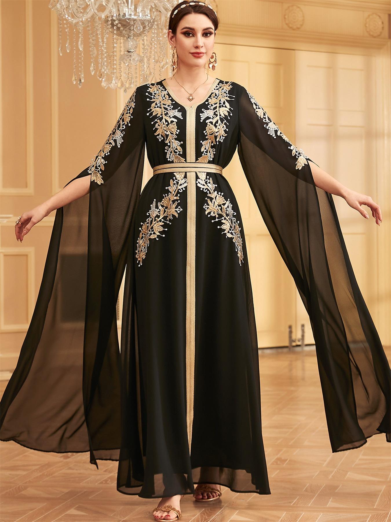 Robe longue noire élégante à manches Super longues, mode de dubaï, paillettes appliquées, ceinture de fête, Abayas, Robe arabe saoudienne pour femmes