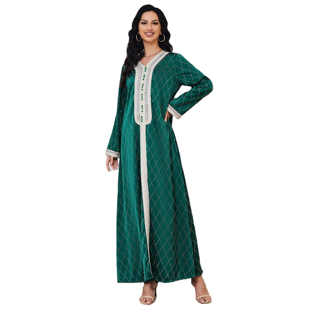 Vêtements pour femmes arabes, diamants décontractés, manches longues, col en v, Abaya Jalabiyat, Caftan de soirée marocain et africain