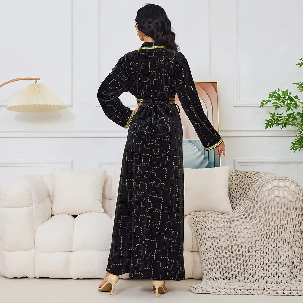 Otoño Invierno terciopelo negro vestido largo estampado dorado manga larga cuello en V cinturón Abaya Jalabiyat marroquí Dubai Kaftan