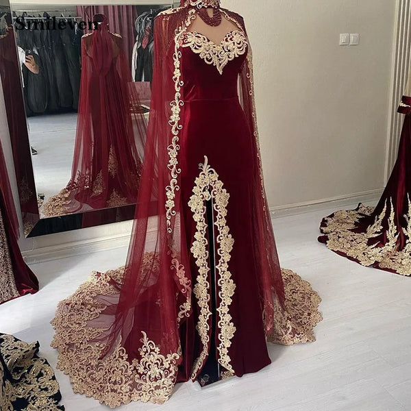 Burgundy Karakou Algerian Caftan Mermaid Evening Dresses With Lace Shawal Prom Dress Party Gowns