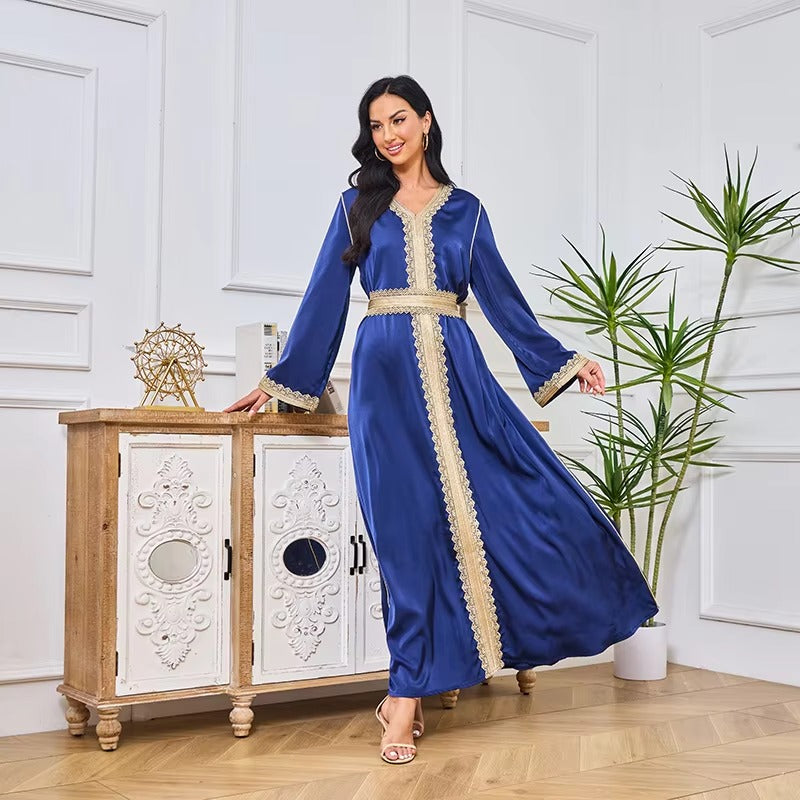 Mode marokkanischer Kaftan für Frauen 2 Stück Sashes Guipure Spitzeneinsatz Volles Ärmel Elegante schicke weibliche weibliche Kleider