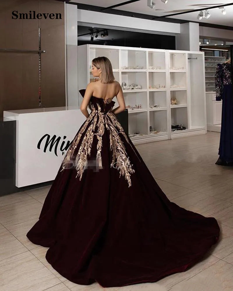 Caftan Evening Dress Burgundy Velvet A Line Prom Dresses Arabic Gold Lace Applique Ruched Dubai Formal Party Gowns