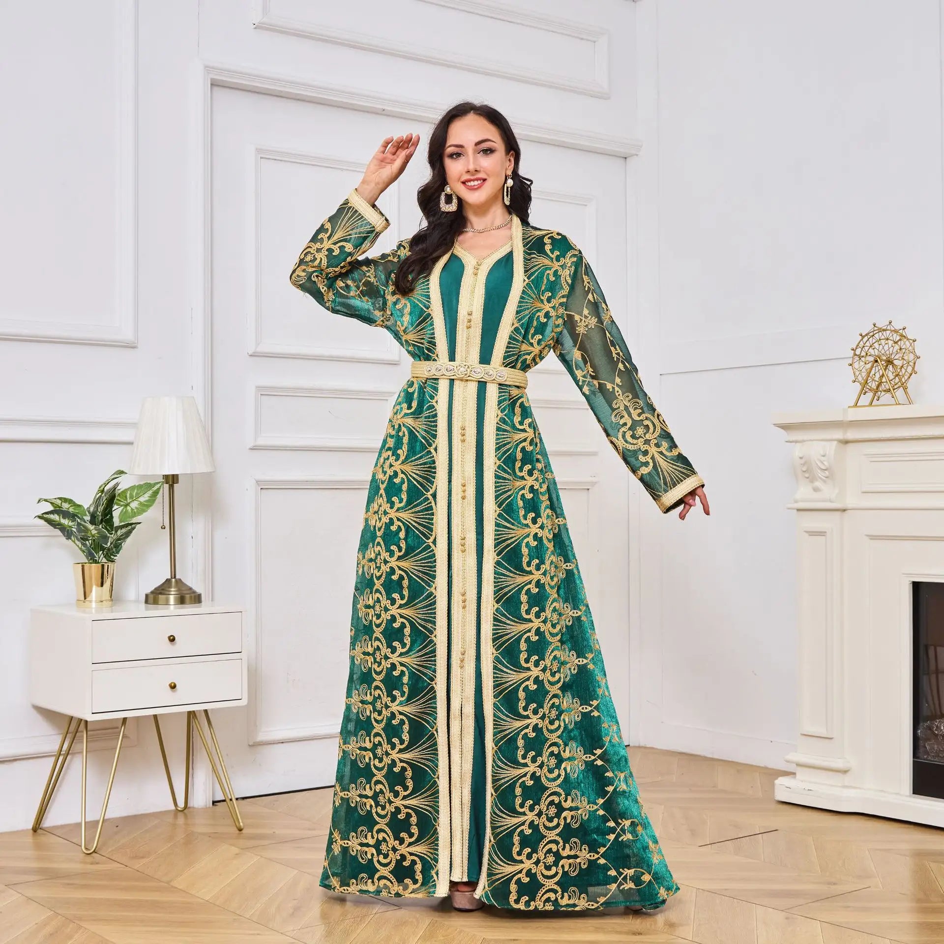 Mulher marroquina abaya muçulmana Dubai Mesh de luxo Bordado Kaftans 2 peças Terno islâmico Vestidos longos